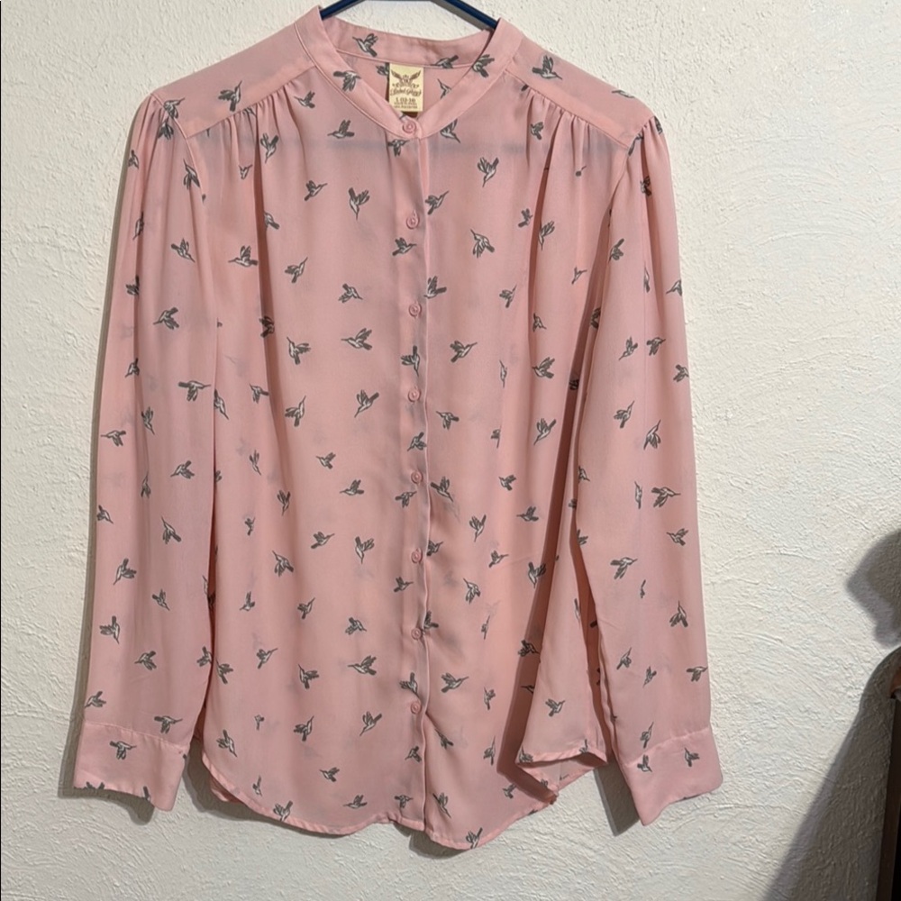 Faded Glory Pink Blouse with Bird Print
